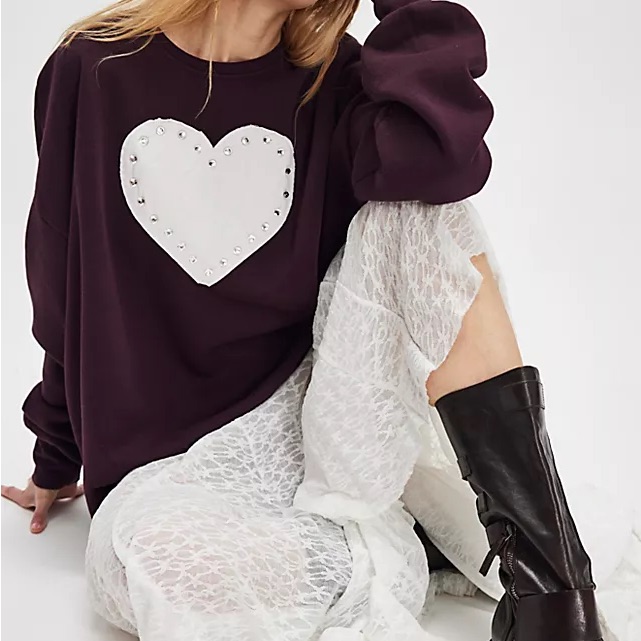 Free People The Laundry Room Heartbrite Jumper Chocolate Plum Purple Heart Xs